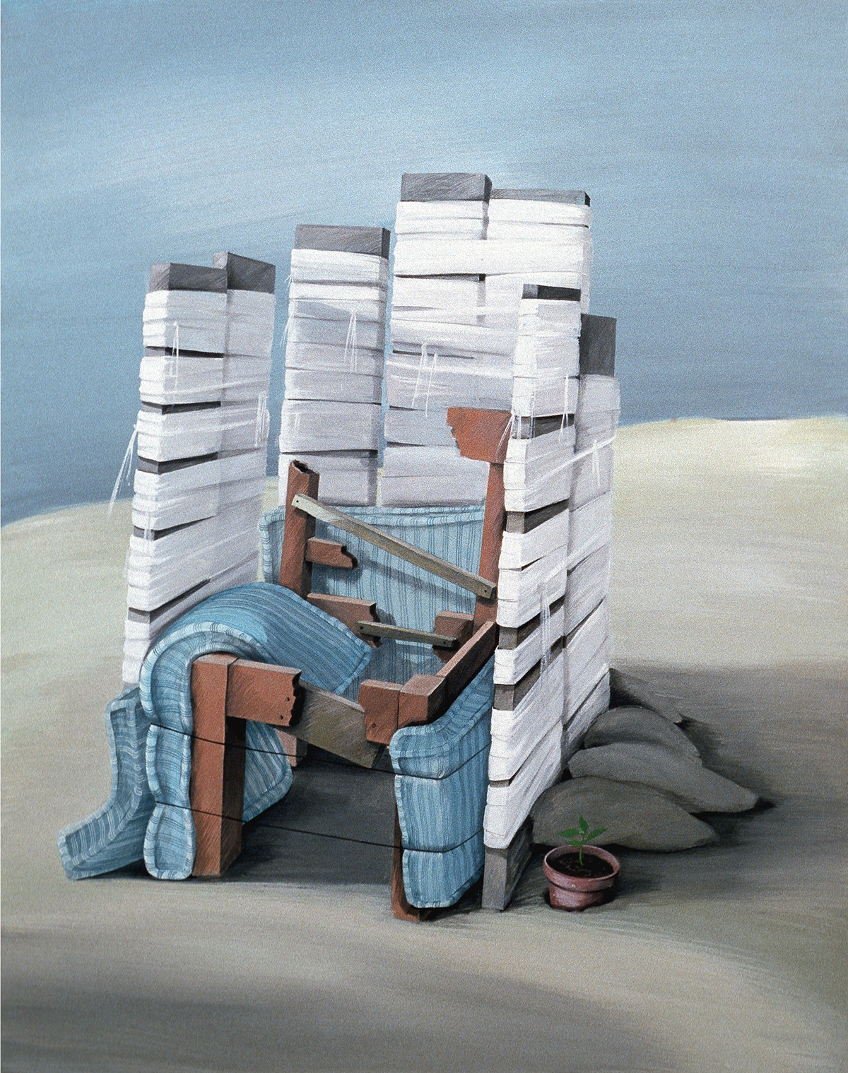 Stuhl im Gehaeuse, 1981, Acryl auf Leinwand, 110x87cm
