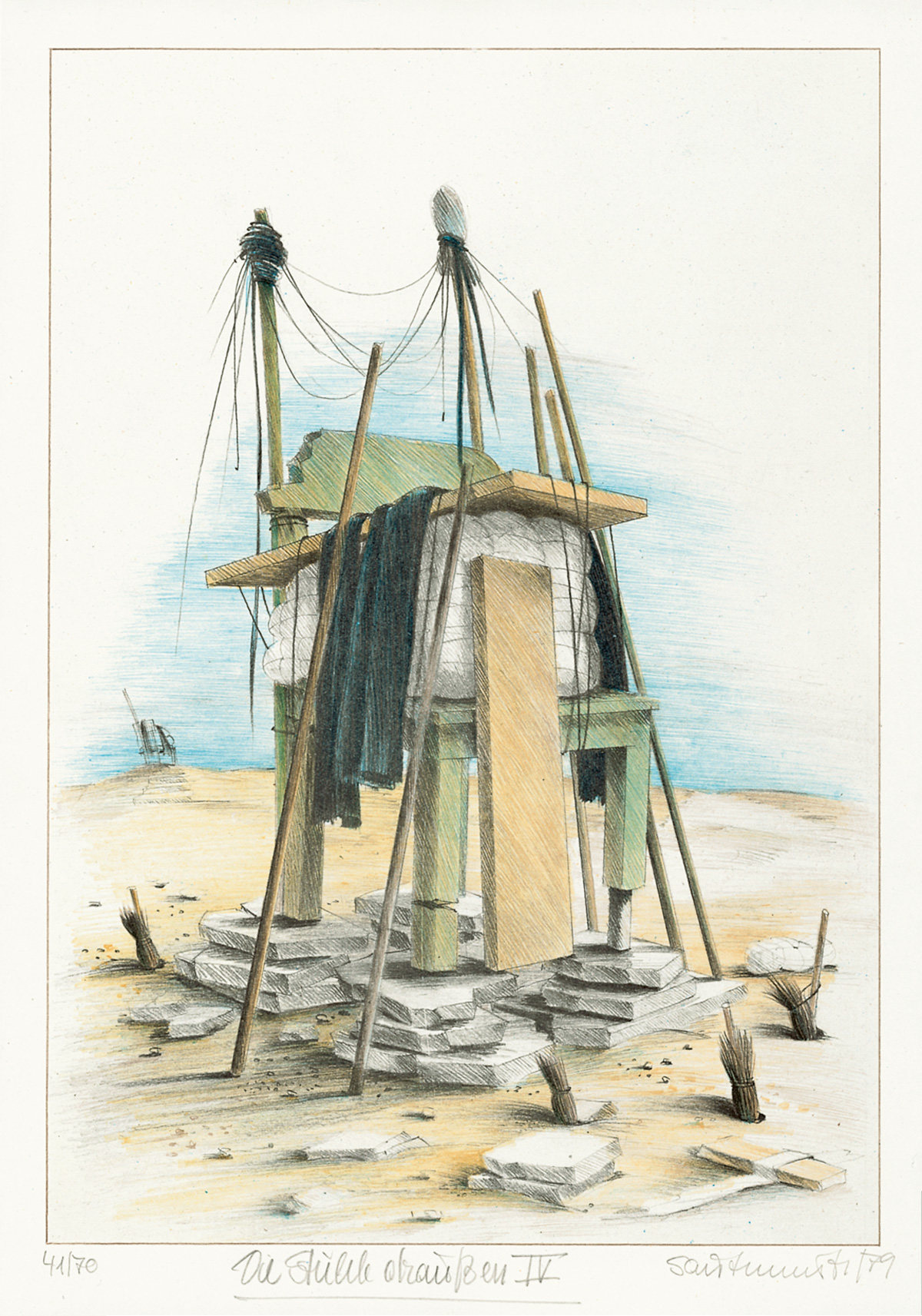 Die Stuehle draussen I, 1979, Lithographie, 31x25cm