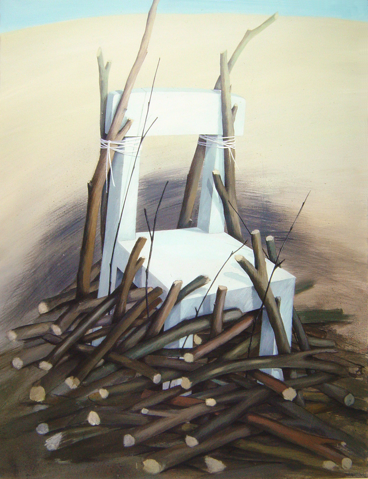 Stuhl mit Scheiten, 1982, Acryl auf Leinwand, 110x87cm