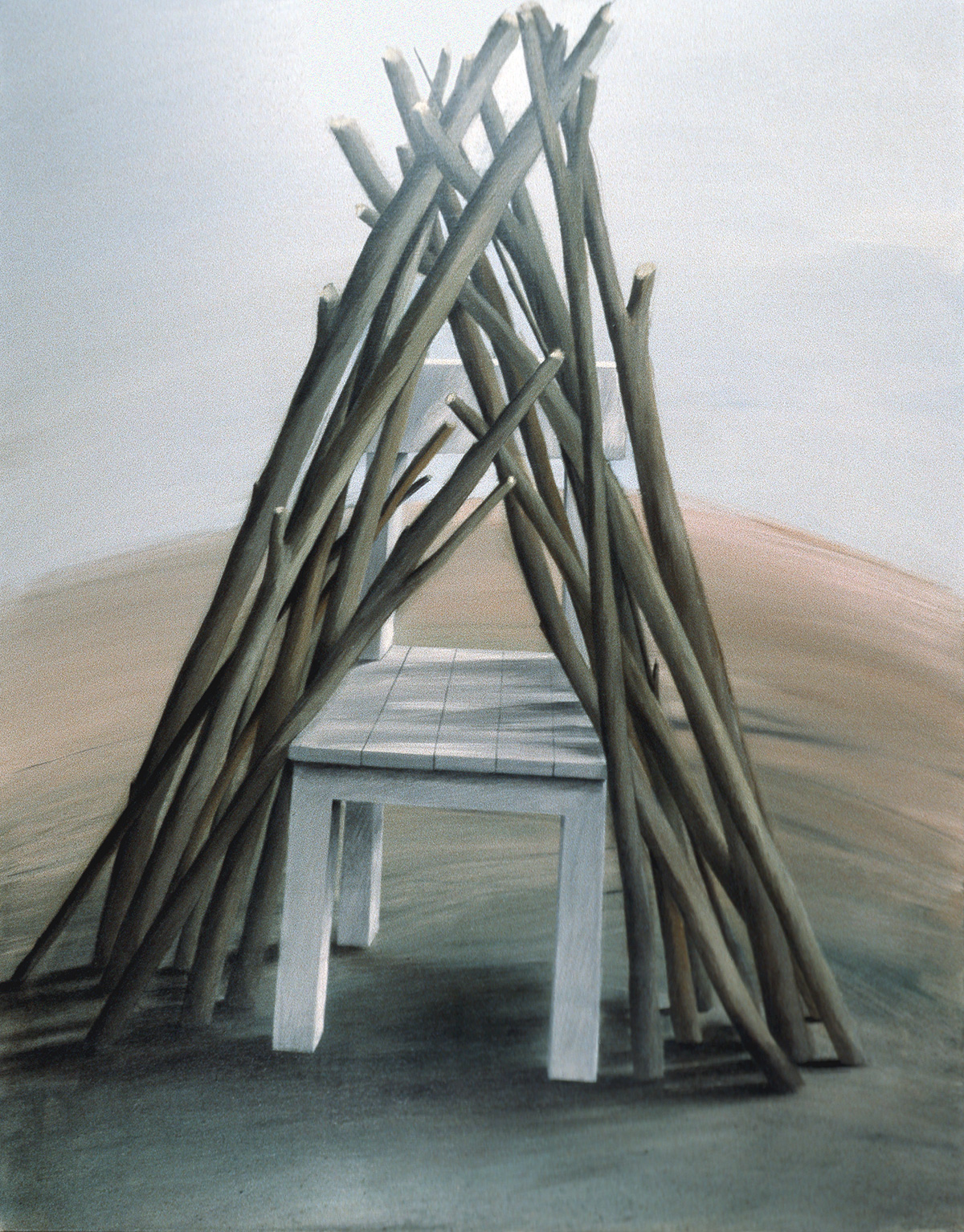 Stuhl mit Stecken, 1982, Acryl auf Leinwand, 110x87cm