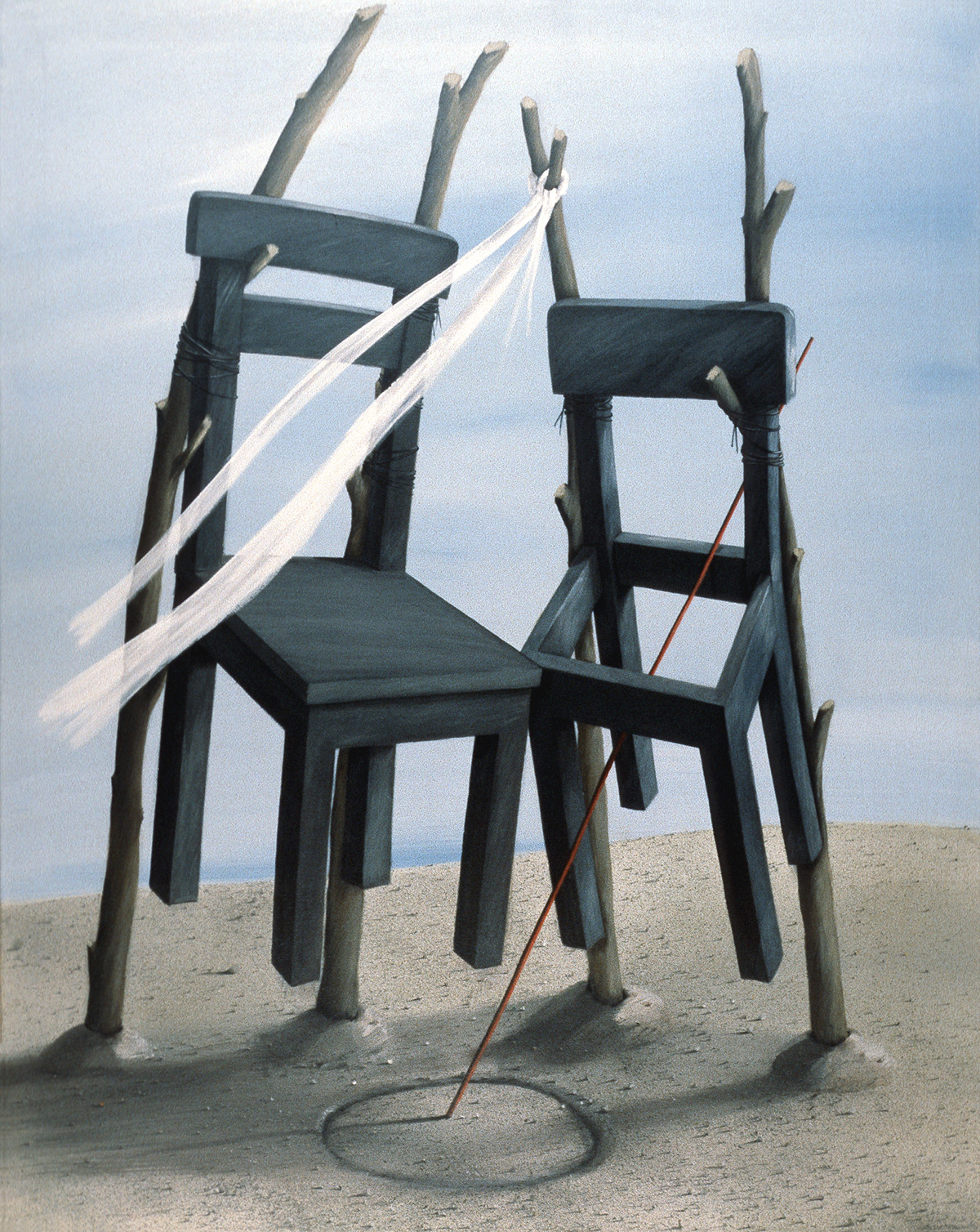 Zwei Stuehle haengend, 1982, Acryl auf Leinwand, 110x87cm